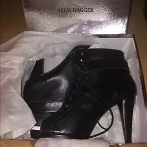 Kelsi Dagger Peep Toe Black Ankle Moto Bootie 9.5